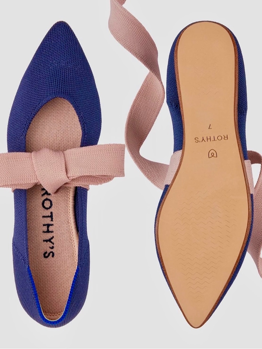 Rothy's The Mary Jane Pointed Toe Flat Sapphire Blue Tan Bow Size 12.5 - Picture 9 of 11